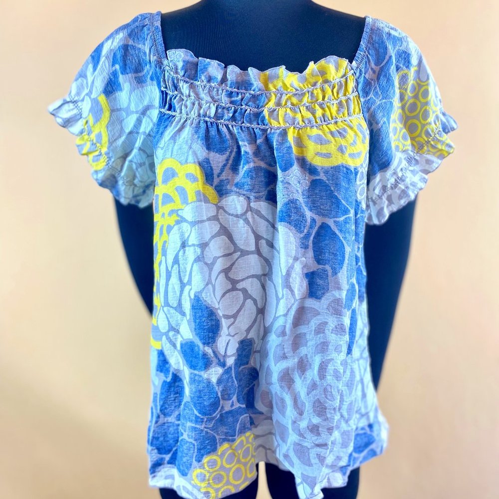 DKNY Jeans Women's Yellow Gray Floral Open Shoulder Blouse S